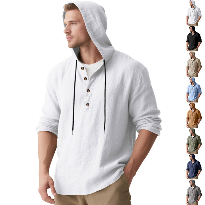 Men's casual linen henley with hood, drawstring and three-button placket StylebySassy