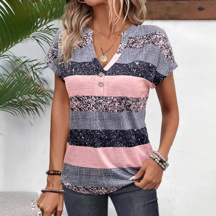 Women's striped viscose blend relaxed shirt with V-neck, rolled sleeves, and decorative button placket StylebySassy