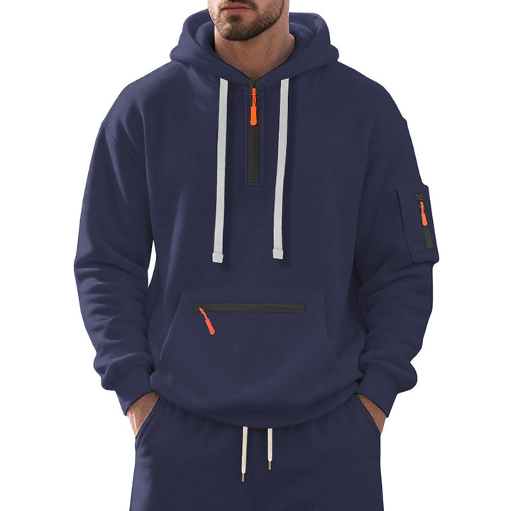 Men's half-zip hoodie with sealed zippers, kangaroo zip pocket, and arm pocket StylebySassy