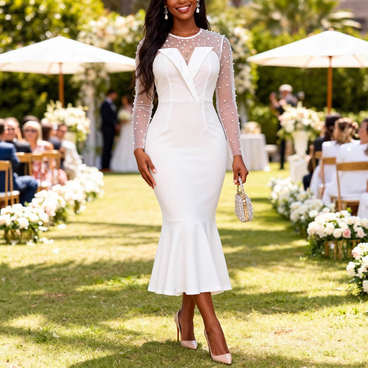 Women Elegant Wedding Dress with Transparent Puff Sleeves and Waist Belt StylebySassy