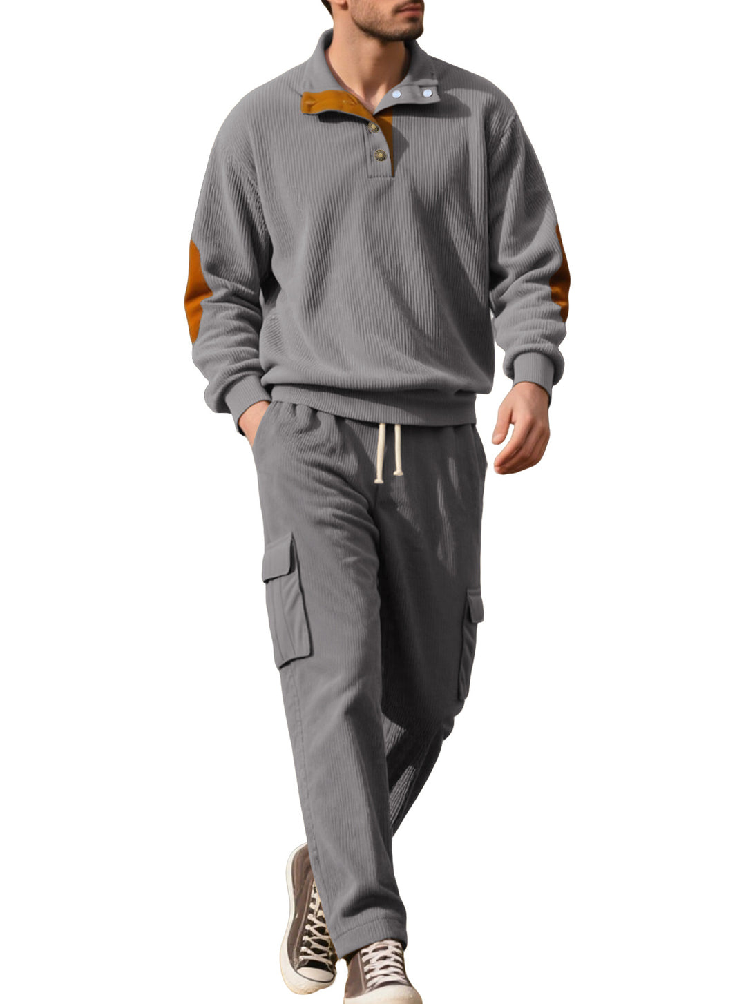 Men's structured turtleneck pullover with stand-up collar, press stud placket, and velour elbow patches StylebySassy