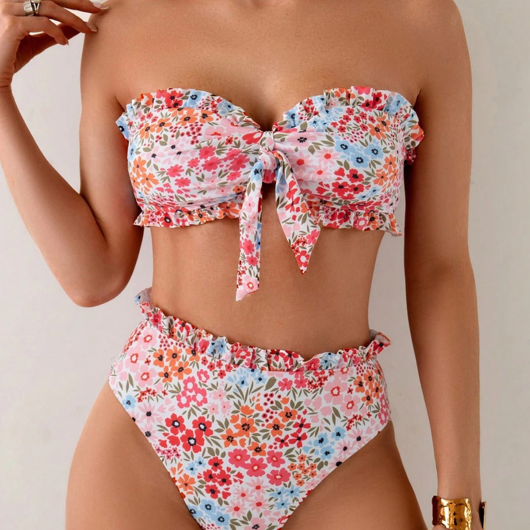 Women's bandeau bikini with playful ruffles and floral pattern StylebySassy