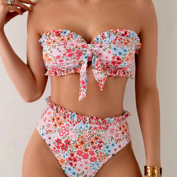 Women's bandeau bikini with playful ruffles and floral pattern StylebySassy