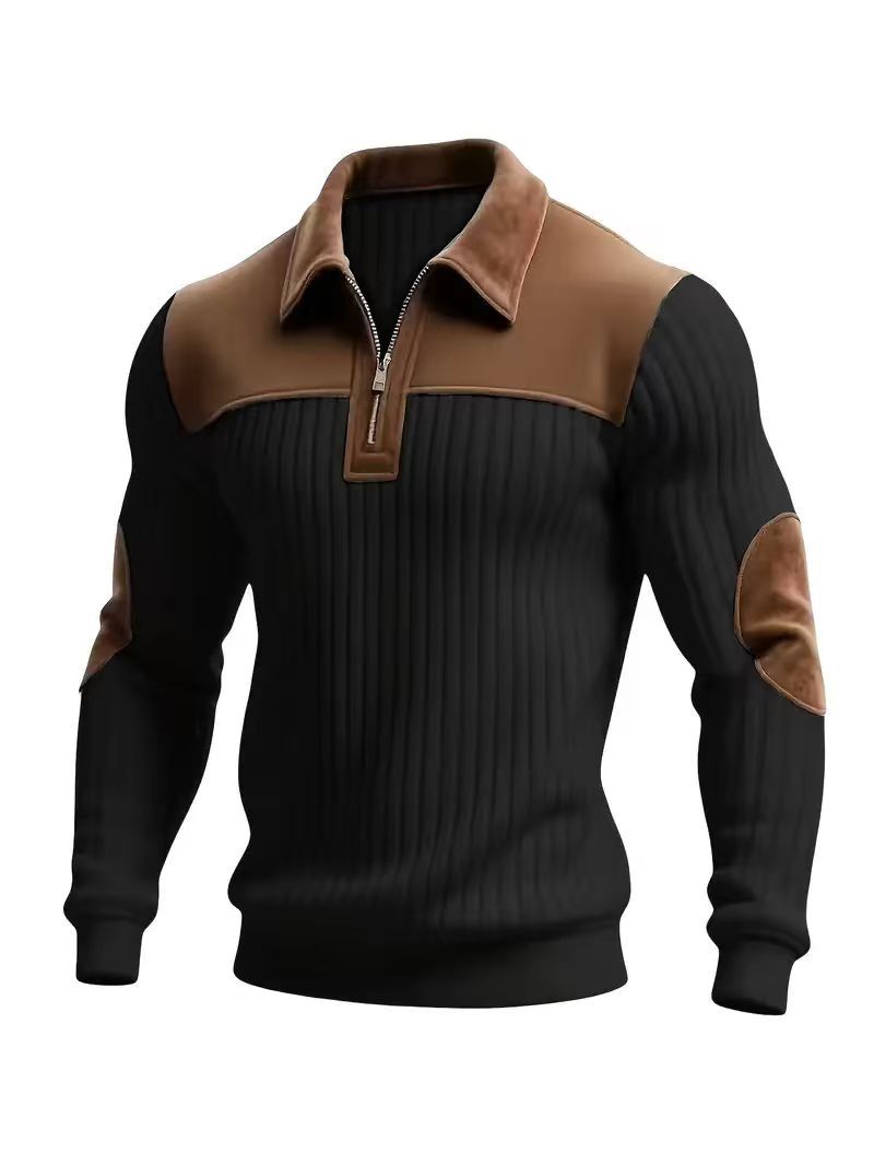Men's ribbed half-zip pullover with contrasting leather appliqués on shoulders and elbows StylebySassy