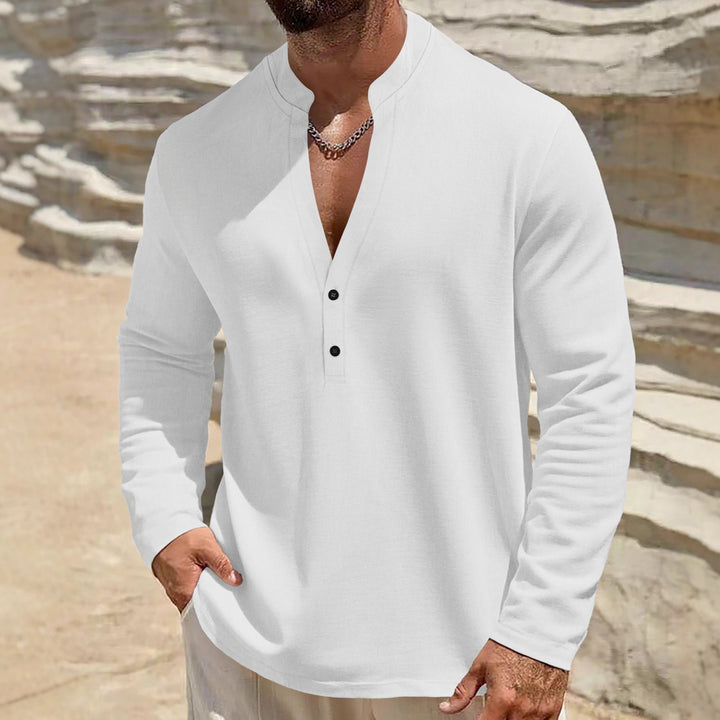 Men's loose-fitting tunic shirt with mandarin collar, two-button Henley placket, and light texture StylebySassy