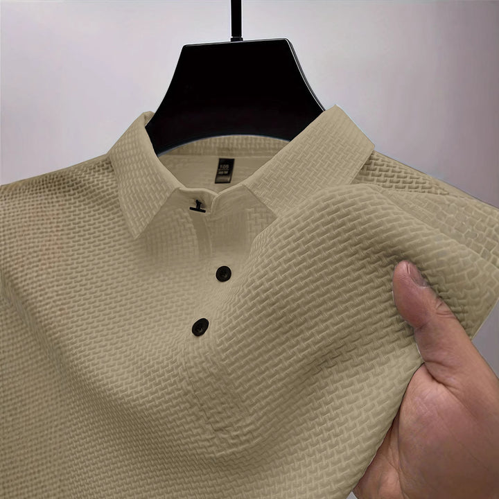 Men's structured short sleeve polo with pointed shirt collar and three-button placket StylebySassy