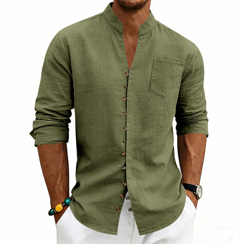 Men's lightweight linen shirt with stand-up collar, full button placket, and patch chest pocket StylebySassy