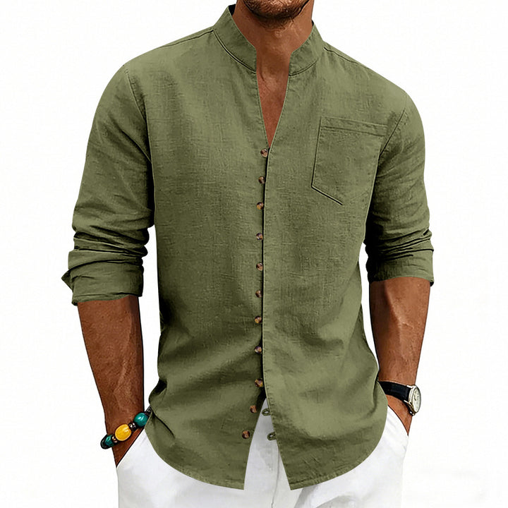 Men's lightweight linen shirt with stand-up collar, full button placket, and patch chest pocket StylebySassy