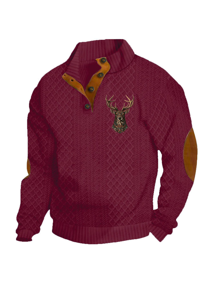 Men's nan Heritage textured pullover with stand-up collar faux leather trim elbow patches and half-button placket StylebySassy