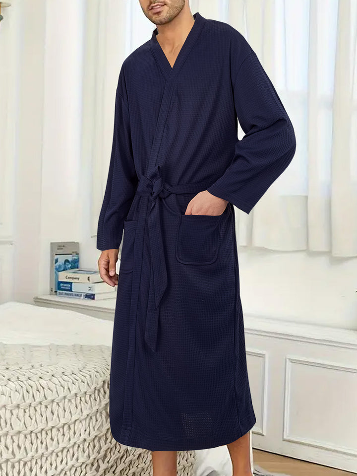 Men's lightweight cotton kimono bathrobe with waffle texture and patch pockets StylebySassy