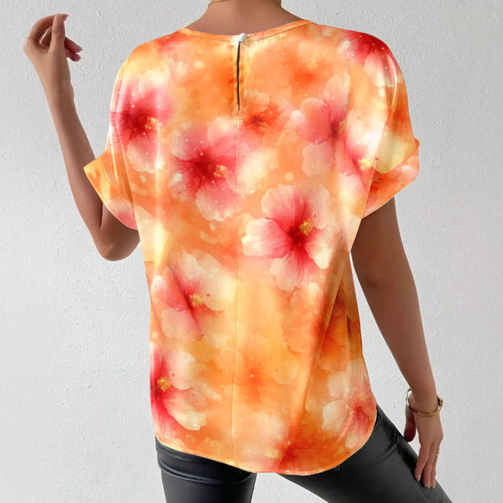 Women's loose short blouse shirt in silky look with watercolor flower print and rolled-up sleeves StylebySassy