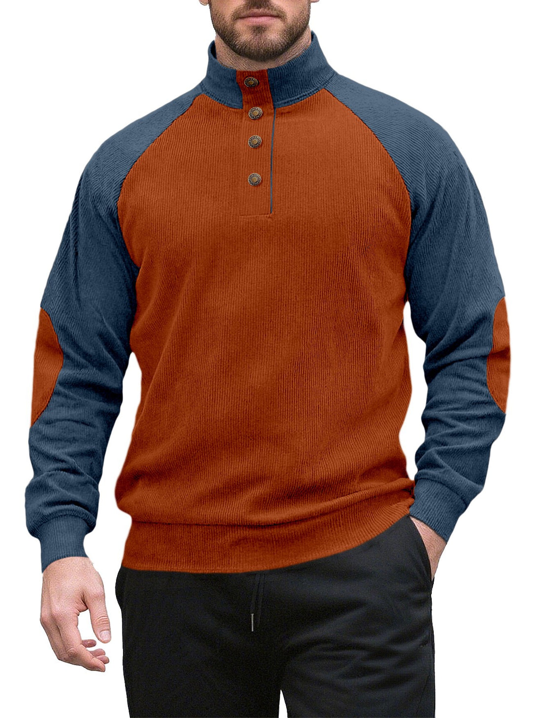 Men's two-tone ribbed troyer with asymmetrical button placket and velour elbow patches StylebySassy