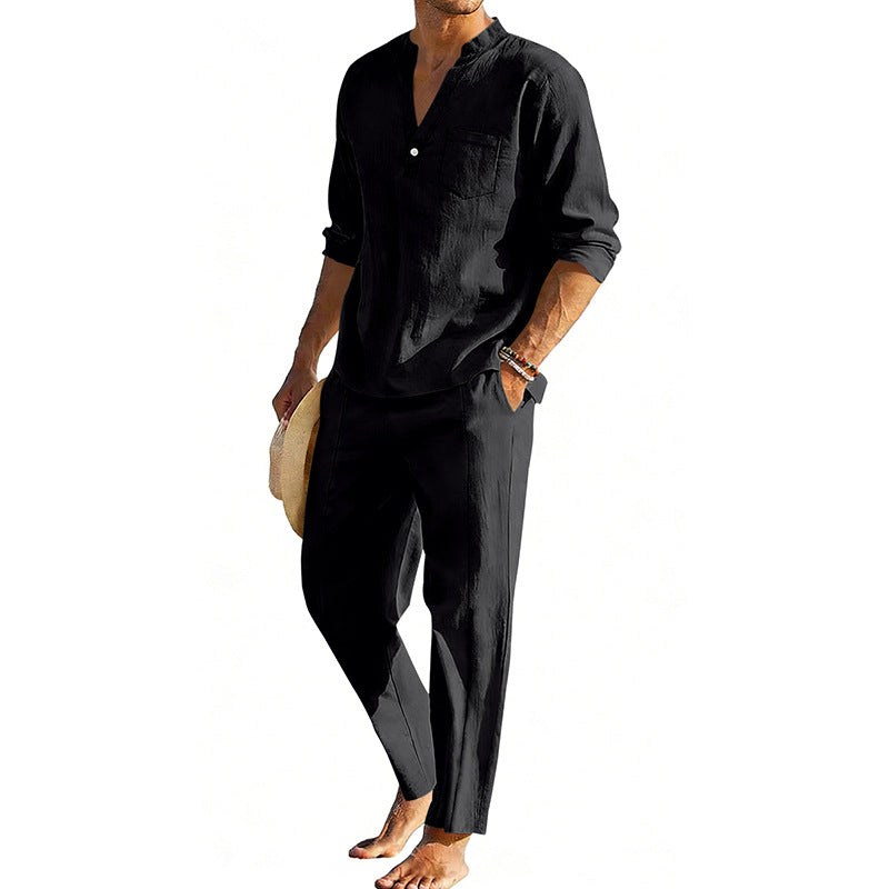 Men's comfortable linen two-piece with stand-up collar shirt and tapered ankle-length pants StylebySassy