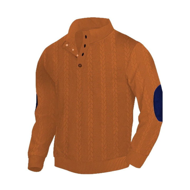 Men's casual cable knit pullover with reinforced button placket and suede elbow patches StylebySassy
