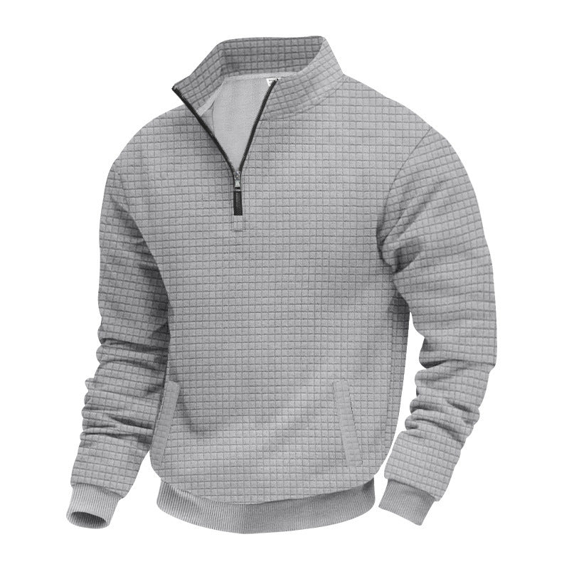 Men's quilted half-zip sweater with square waffle texture and kangaroo pocket StylebySassy