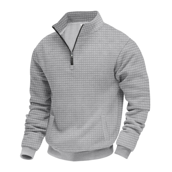Men's quilted half-zip sweater with square waffle texture and kangaroo pocket StylebySassy