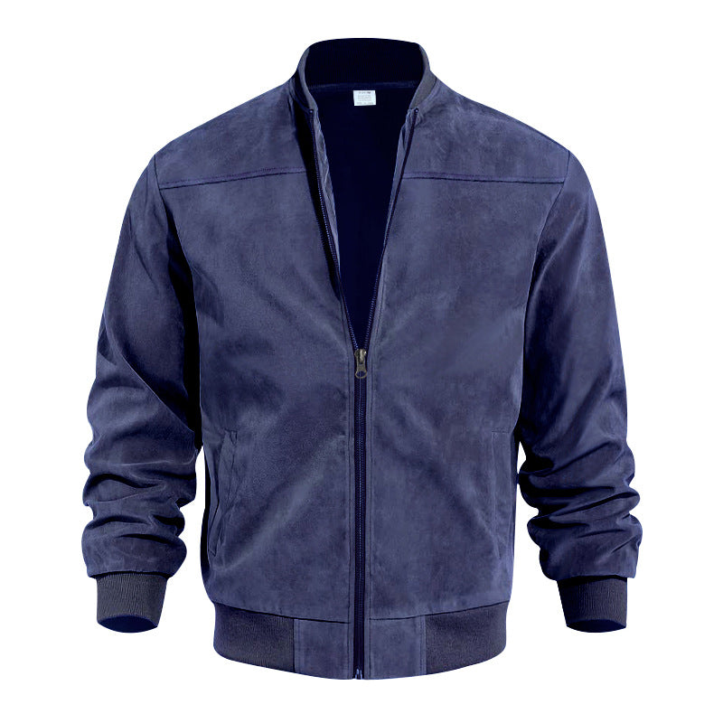 Men's faux suede bomber jacket with stand-up collar, ribbed cuffs, and side pockets StylebySassy