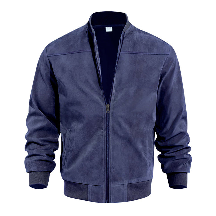 Men's faux suede bomber jacket with stand-up collar, ribbed cuffs, and side pockets StylebySassy