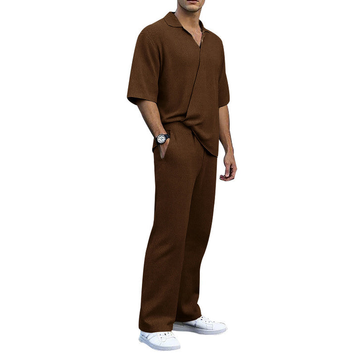 Men's finely structured two-piece set with open polo collar short sleeve shirt and straight comfort waistband pants StylebySassy