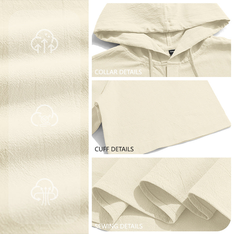 Men's short-sleeved hooded Henley made of slub cotton with concealed button placket and drawstring StylebySassy