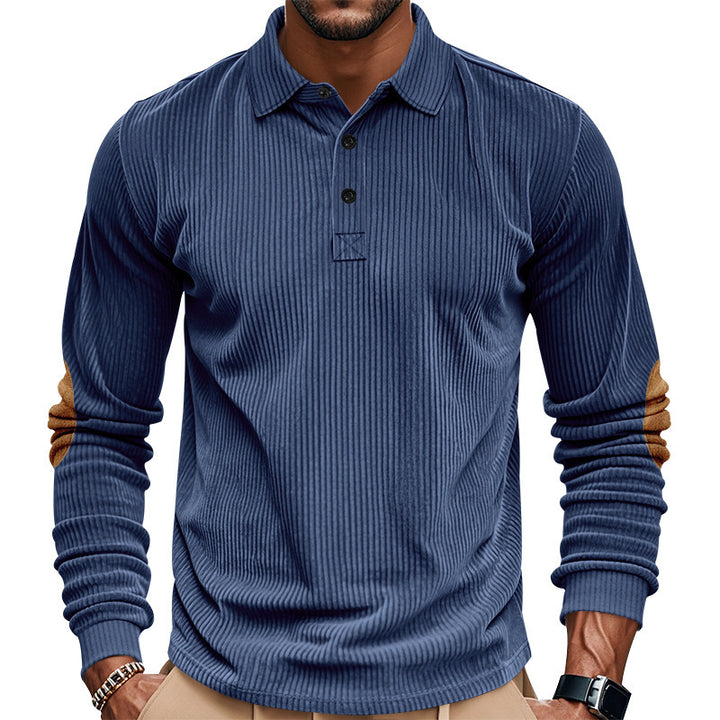 Men's heavy ribbed cotton polo sweater with Kent collar, triple button placket, and suede elbow patches StylebySassy