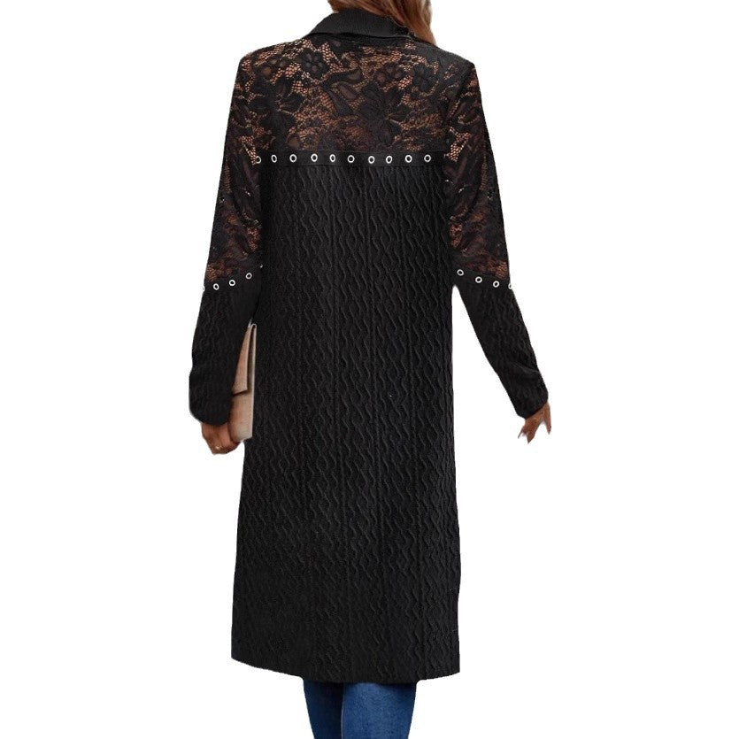 Women's longer lace cardigan with eyelet trim, transparent sleeves, and structured knit look StylebySassy