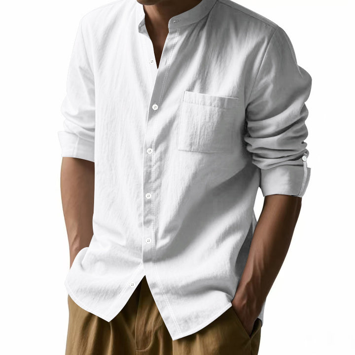 Men's linen-cotton shirt with stand-up collar, roll-up sleeves, and chest pocket StylebySassy