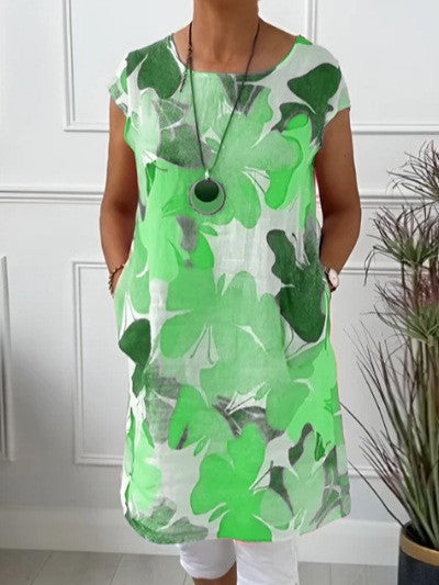 Ladies' airy tunic midi dress made of linen blend with watercolor flower print and side pockets StylebySassy