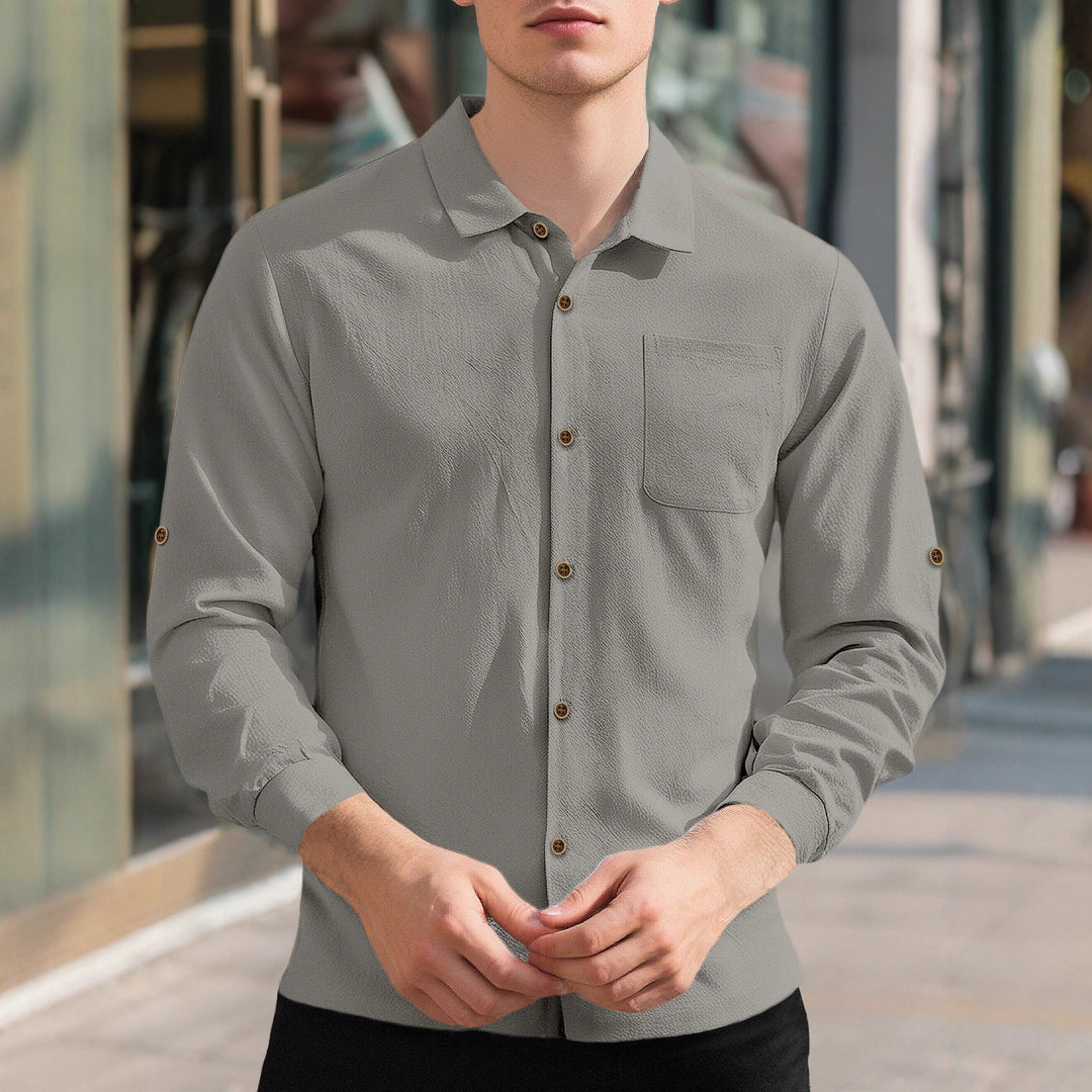 Men's breathable structured business shirt with breast pocket wooden button placket and ergonomic shoulder fit StylebySassy