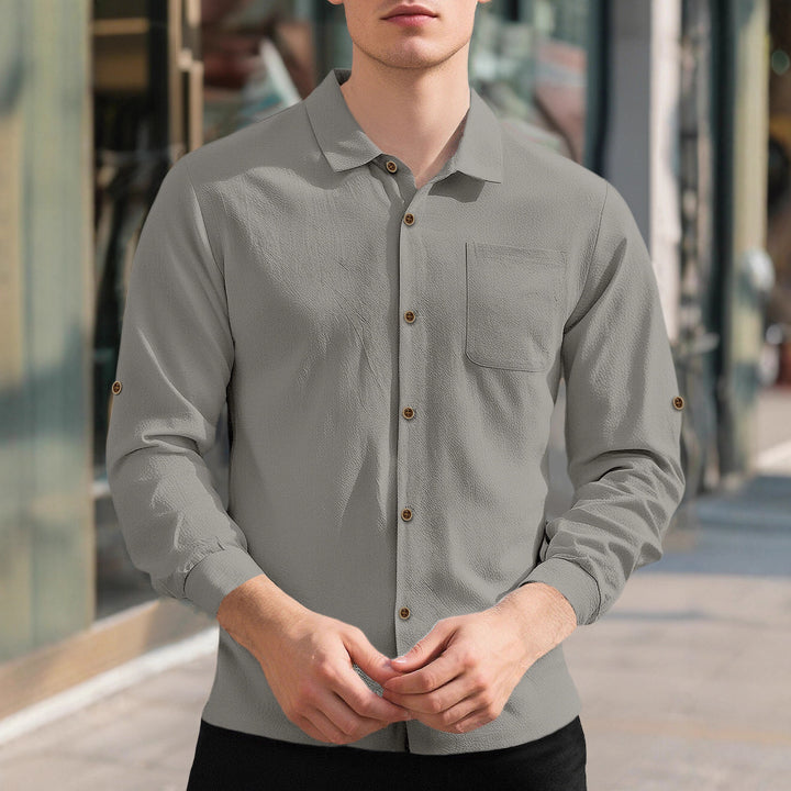 Men's breathable structured business shirt with breast pocket wooden button placket and ergonomic shoulder fit StylebySassy