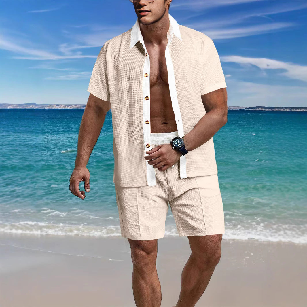 Men's modern leisure set made of fine textured jersey with shirt collar button placket and drawstring shorts StylebySassy