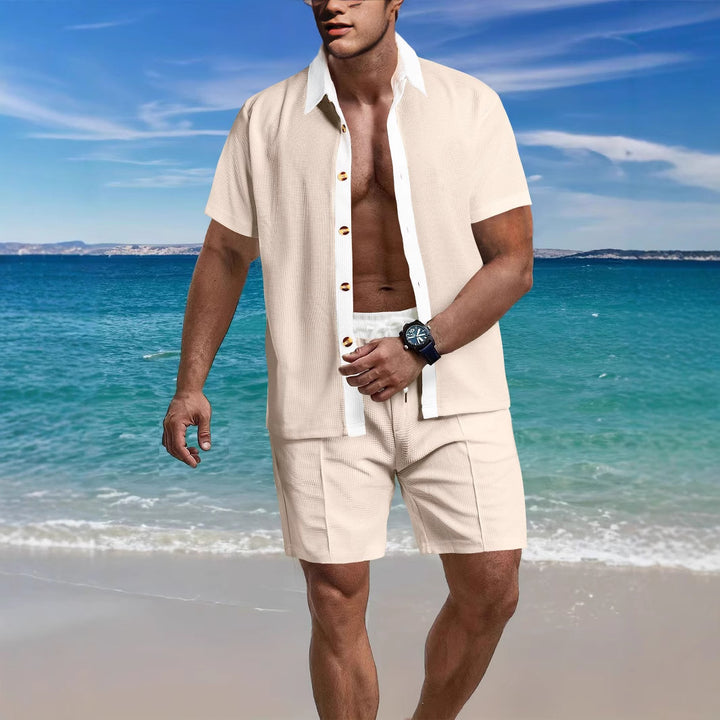 Men's modern leisure set made of fine textured jersey with shirt collar button placket and drawstring shorts StylebySassy