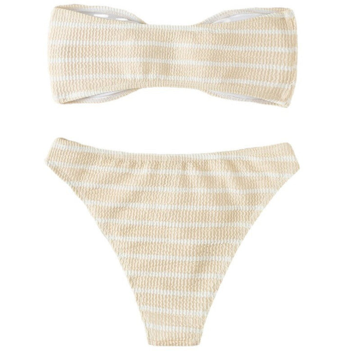 Women's bandeau bikini with a stylish striped pattern and decorative buckle StylebySassy