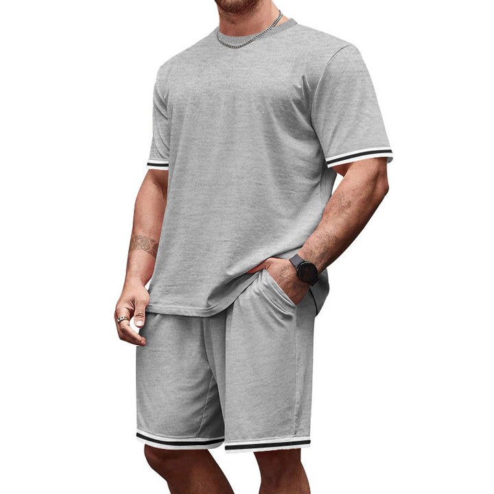Men's casual jersey set consisting of short-sleeve shirt and bermuda shorts with contrasting stripes, elastic waistband, and insert pockets StylebySassy