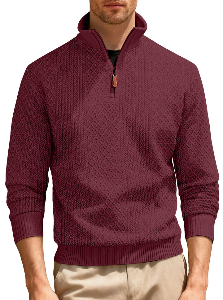 Men's half-zip pullover in fine-structured jacquard relief with high stand-up collar and leather zipper StylebySassy