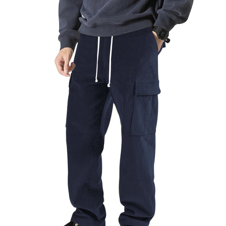 Men's ribbed comfortable cargo pants with elastic drawstring waistband and low-set flap pockets StylebySassy