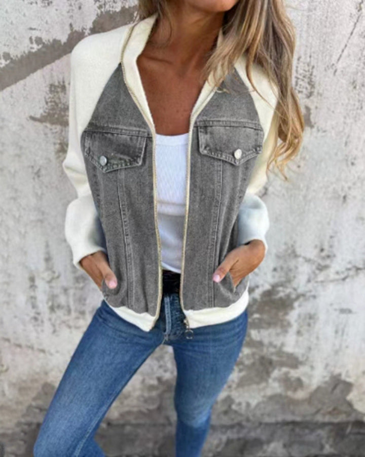 Women's Sweat-Jeans-Bomber Jacket with Raglan Sleeves, Breast Pockets, and Zipper StylebySassy