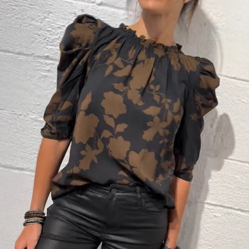 Women's wide-cut slip blouse with smocked ruffle collar and elbow-length puff sleeves StylebySassy