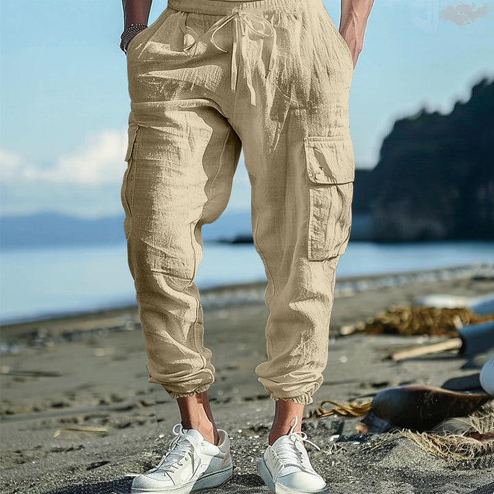 Men's Casual Linen Cargo Joggers with Drawstring Waist, Large Flap Pockets and Elastic Ankle Cuffs StylebySassy
