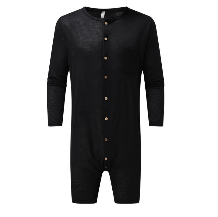 Men's comfortable short overall with round neck, continuous wooden button placket and chest pocket StylebySassy