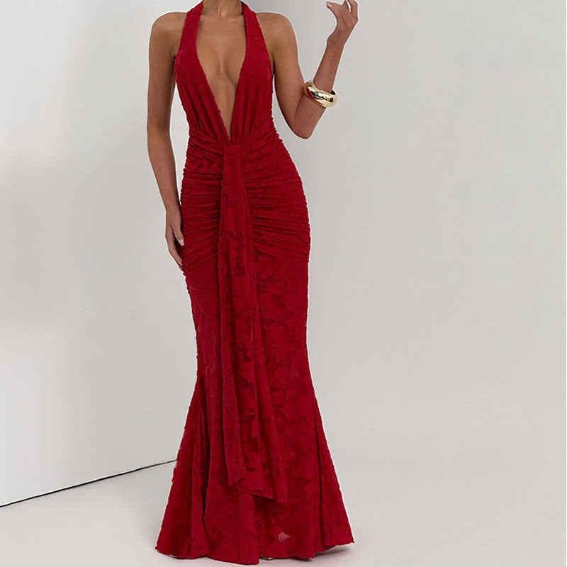 Women Elegant, figure-hugging evening dress with deep V-neck and ruffle details StylebySassy