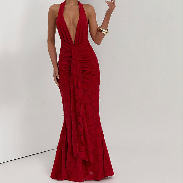 Women Elegant, figure-hugging evening dress with deep V-neck and ruffle details StylebySassy
