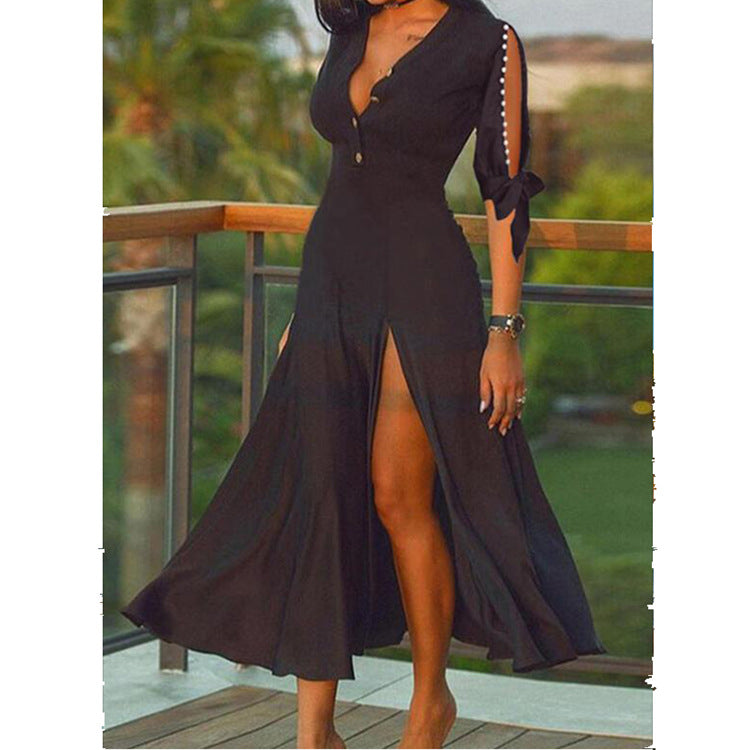 Women's maxi dress in evening look with deep V-neck, high front slits and knotted cut-out sleeves StylebySassy