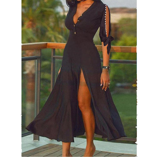 Women's maxi dress in evening look with deep V-neck, high front slits and knotted cut-out sleeves StylebySassy
