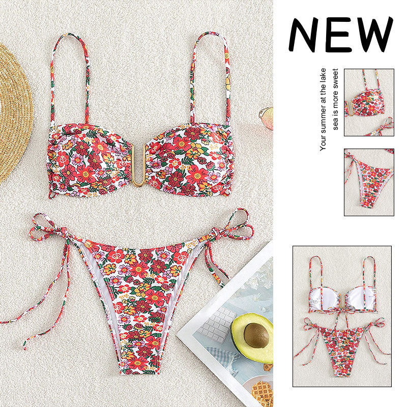 Women’s floral patterned bikini with light bustier top and adjustable straps StylebySassy