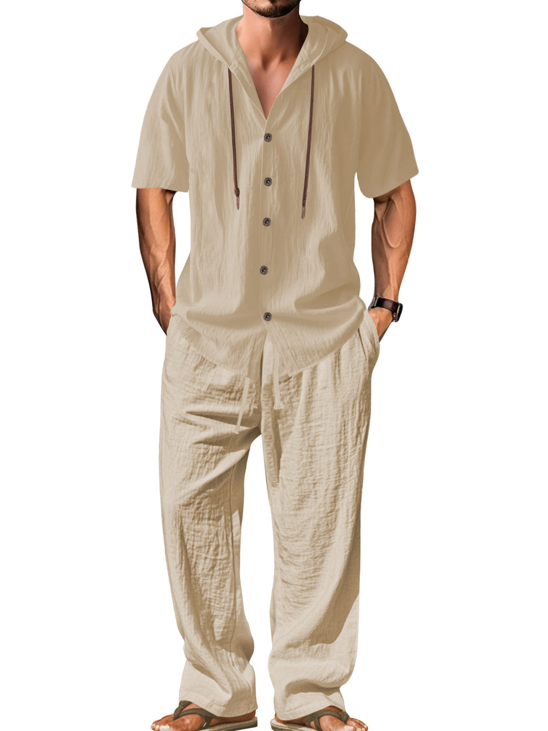 Men's airy linen lounge set with short-sleeved hoodie and straight relaxed pants StylebySassy