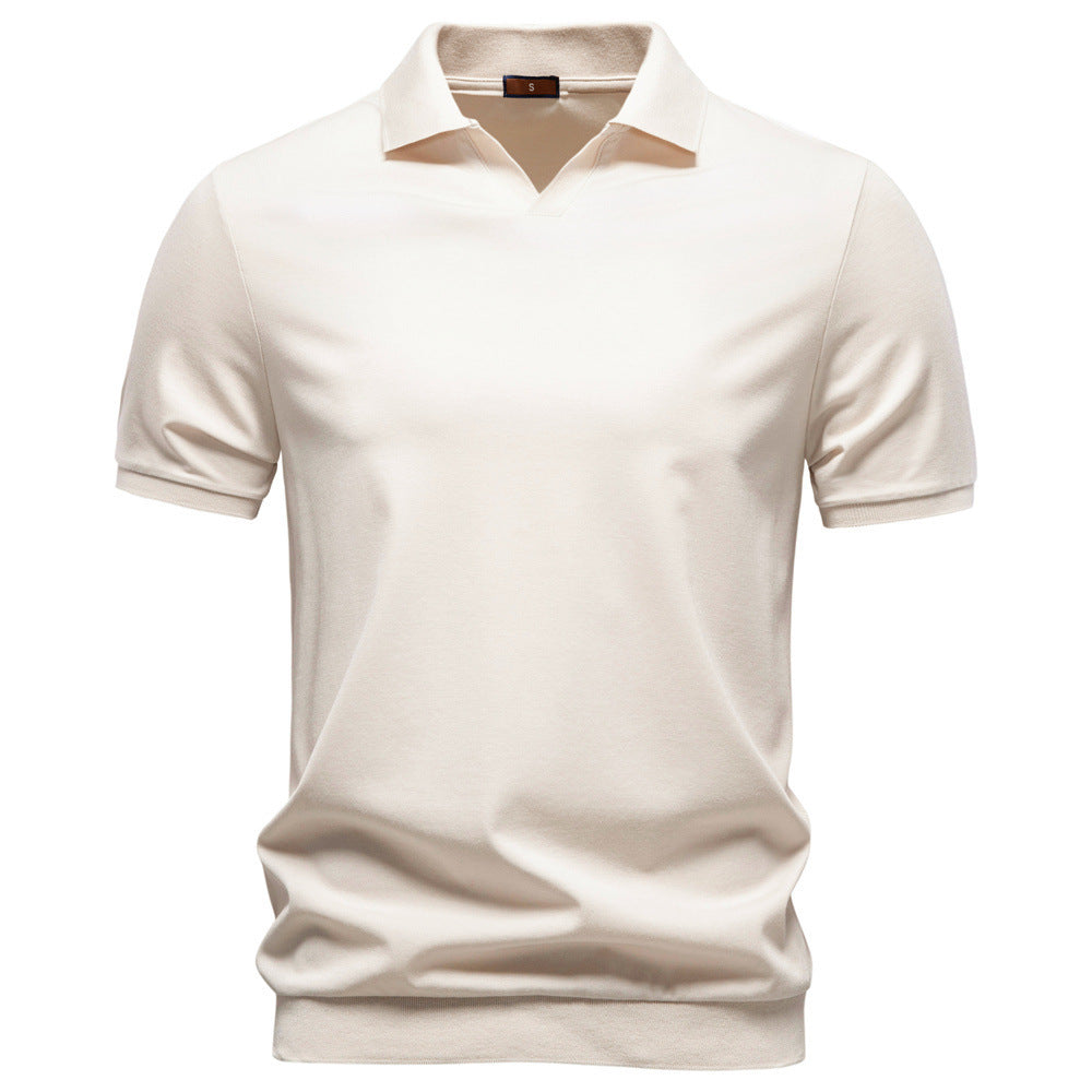 Men's fine-knit short-sleeve polo shirt with open V-neck and elastic hem StylebySassy