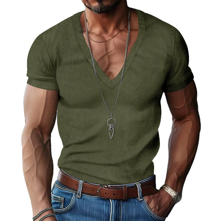 Men's structured V-neck ribbed jersey shirt with short sleeves and a slim fit StylebySassy