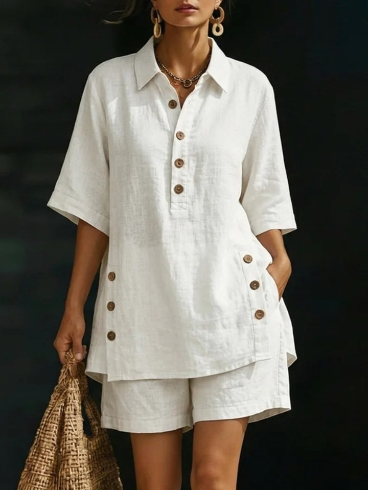 Women's airy linen-look two-piece set with oversized shirt blouse, button placket, and Bermuda shorts StylebySassy