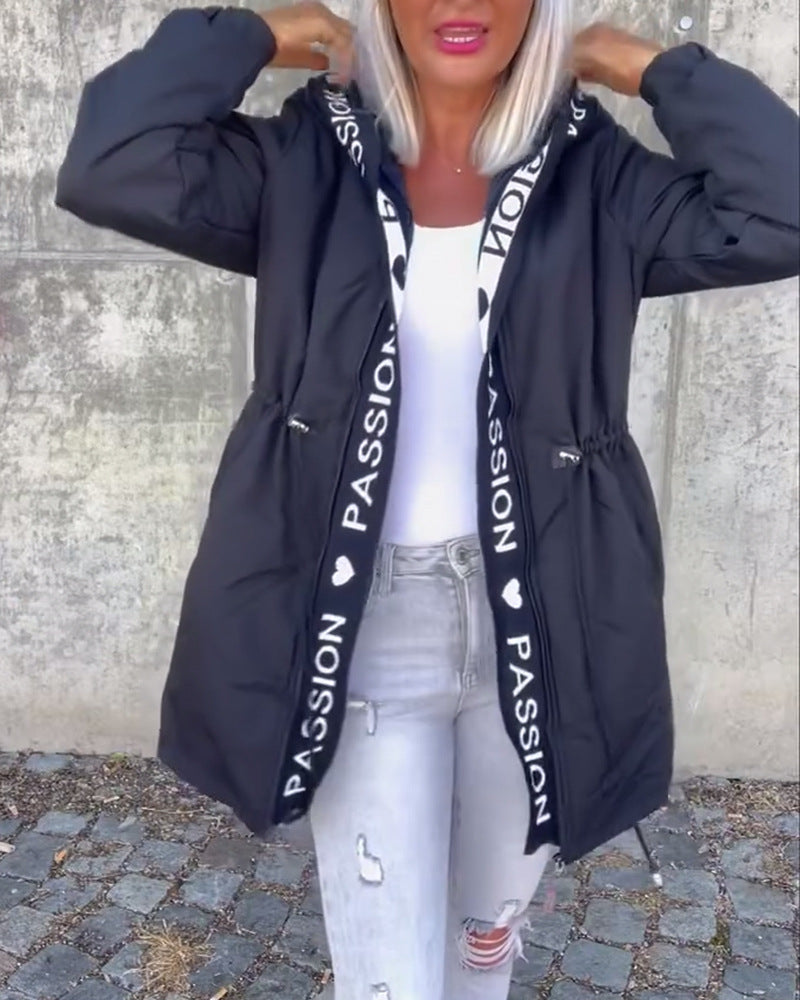 Women's Hooded Parka with Drawstring Waist and Logo Band Zipper StylebySassy
